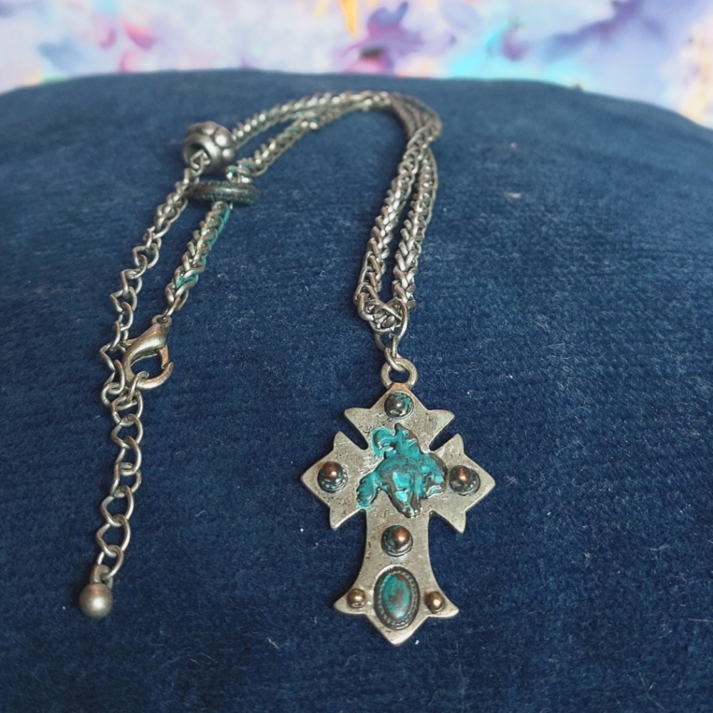 Estate Jewelry Steel Cross Necklace W/turquoise Color Stones